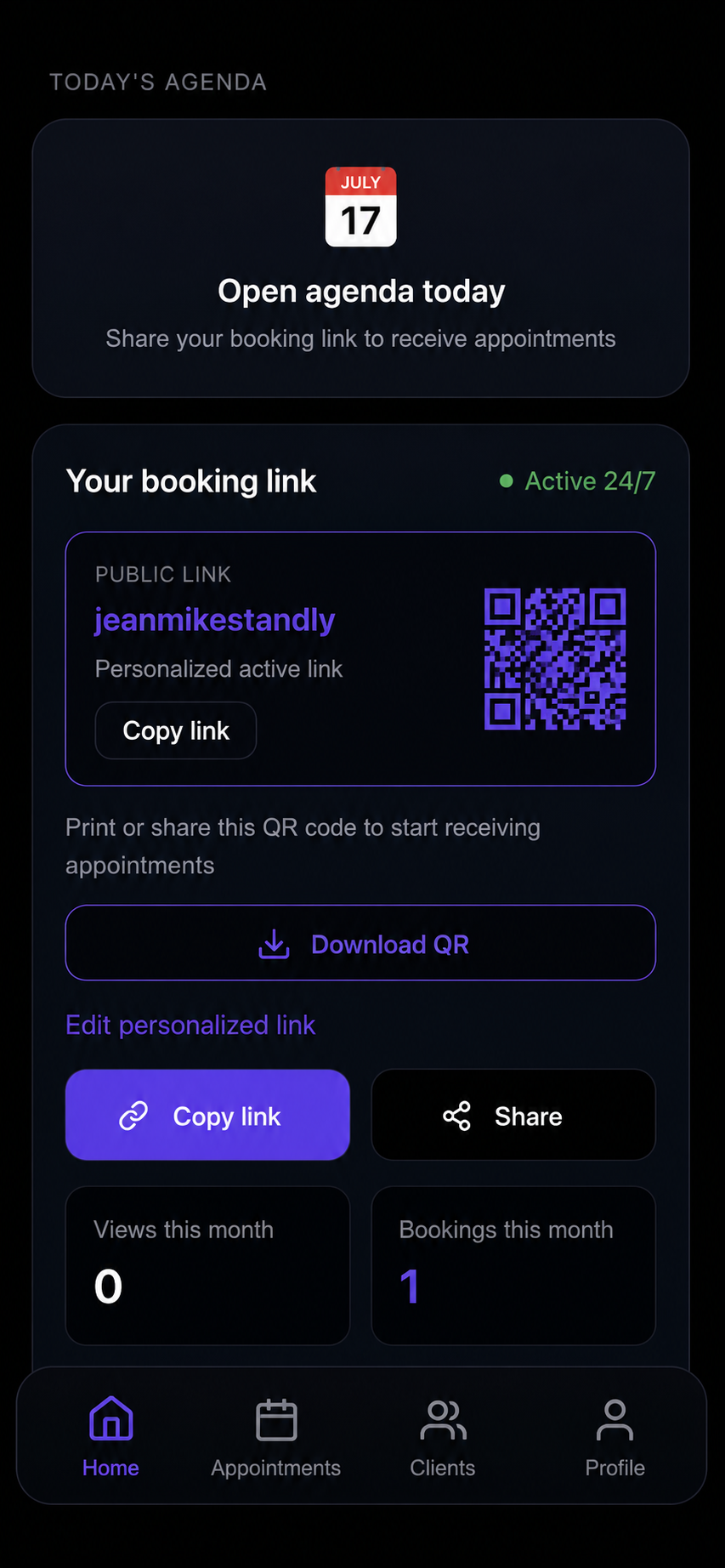 FlowBook booking link and QR management